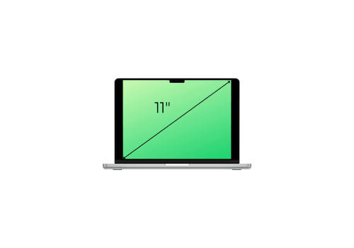 A laptop with a green screen displays 11 diagonally, indicating the screen size. The laptop is shown from the front against a white background.