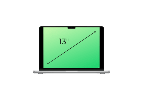 A silver laptop with a green screen displays a diagonal arrow measuring 13 inches, indicating the screen size.