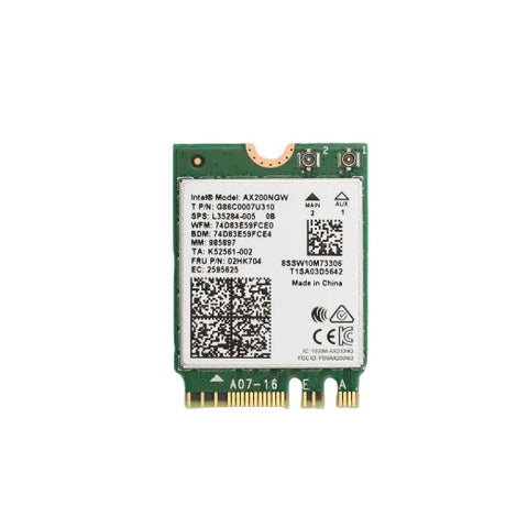 The Intel Lenovo ThinkPad 02HK704 AX200NGW Dual Band WiFi 6 M.2 Network Card features gold connectors and multiple printed labels with model and serial numbers, all shown on a white background.