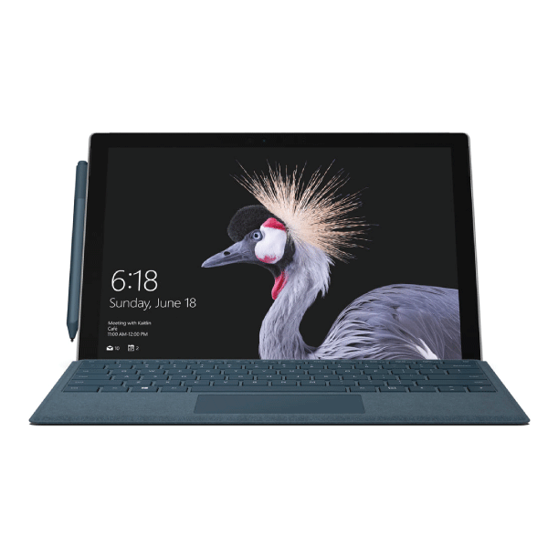 A certified refurbished Microsoft Surface Pro 5 1796 with a 12" touchscreen (i5-7300U, 8GB RAM, 128GB SSD, Windows 10 Pro) from Microsoft is displayed with a detachable keyboard and stylus. The screen shows a crowned bird and the time 6:18 on Sunday, June 18.