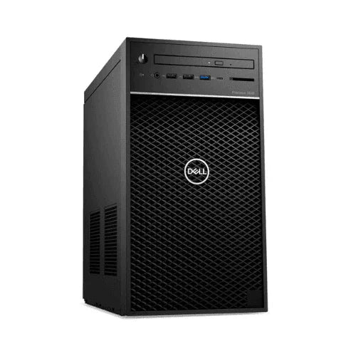 A refurbished Dell Precision 3640 workstation in black, featuring an Intel Core i7-10700 processor, 64GB RAM, 512GB SSD, NVIDIA P1000 GPU, Windows 11 Pro, and a 1-year warranty is shown against a white background.