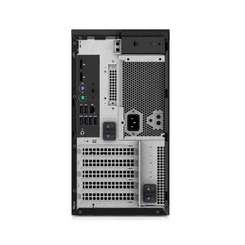 Rear view of the refurbished Dell Precision 3640 Tower (i7-10700, 64GB RAM, 512GB SSD, P1000, Win11 Pro), showing ports, expansion slots, ventilation, power socket, and screws for internal access.