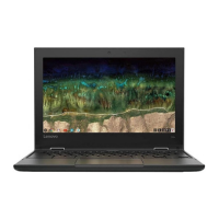 A certified refurbished black Lenovo 500e G3 Chromebook N5100 1.1GHz 4GB 32GB 11.6" Touch, open and powered on with a vibrant landscape wallpaper, shows the keyboard and touchpad below the screen.