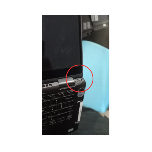 Close-up of a damaged hinge on a Dell Latitude 5300 2-in-1 i7 8665U 1.9GHz 16GB 256GB SSD 13.3" Touch W11P laptop, with the affected area marked by a red circle and the screen partially open. Brand: Dell.