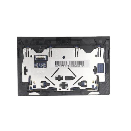 A close-up of the Lenovo ThinkPad 5M10W51754 T14s X13 Genuine Touchpad shows black and silver details, including a barcode, circuit elements, and mechanical parts, set against a white background.