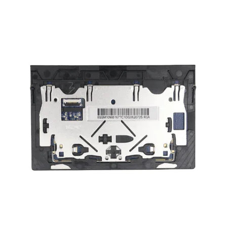 A close-up of the Lenovo ThinkPad 5M10W51754 T14s X13 Genuine Touchpad shows black and silver details, including a barcode, circuit elements, and mechanical parts, set against a white background.
