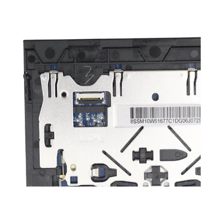 Close-up of a Lenovo ThinkPad 5M10W51754 T14s X13 Genuine Touchpad, showing internal electronic components like a barcode, connector, and small parts on a metallic and black plastic surface. Brand: Lenovo.