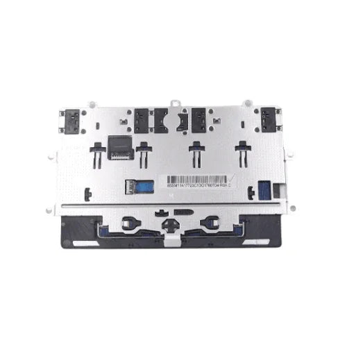A close-up of a Lenovo ThinkPad 5M11B95843 T14s X13 G2 Genuine Touchpad Module shows integrated buttons and connectors, with metallic and plastic parts from this refurbished Lenovo product visible against a white background.