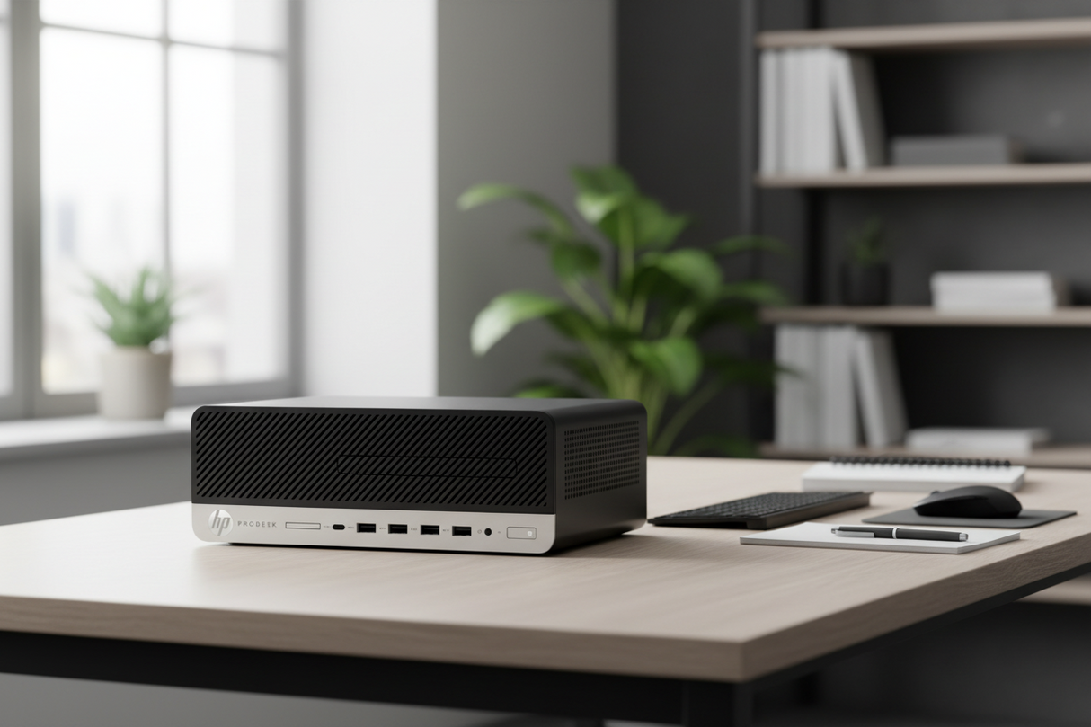 Front view of a Refurbished HP ProDesk 600 G6 Small Form Factor PC with multiple USB ports, audio jacks, power button, slim optical drive on a black and silver chassis, featuring Intel Core i5-10500.