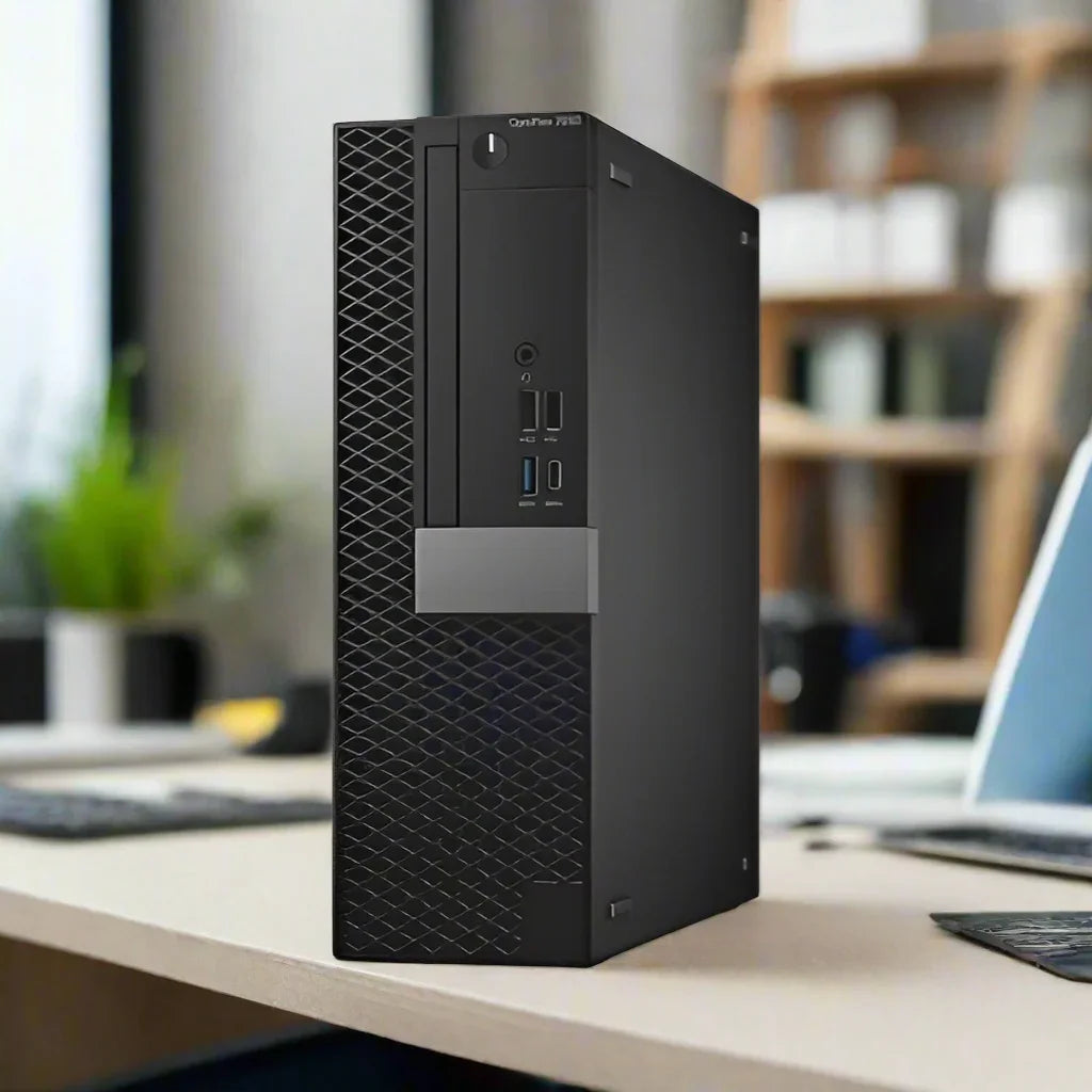 A Dell OptiPlex 7050 SFF desktop with Intel i7-7700, 8GB RAM, and 256GB drive sits on a light desk in an office, with shelves and workspace items blurred in the background.