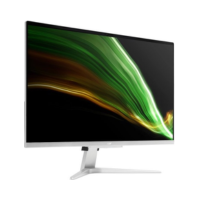 The Acer Aspire C27-1655 all-in-one desktop features a 27" display with slim bezels, a sleek white stand, and showcases green and yellow abstract light streaks on a black background.