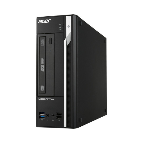 A certified refurbished Acer Veriton X4650G desktop with Intel i5 7400 3GHz, 8GB RAM, 500GB HDD, DVD drive, Windows 10 Pro, and front panel USB ports, audio jacks, and power buttons.
