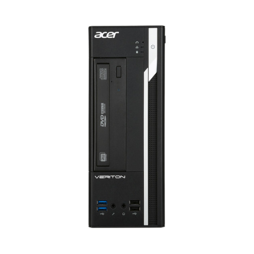 Front view of Acer Veriton X4650G i5 7400 3GHz 8GB 500GB DW W10P small form factor desktop showing USB ports, audio jacks, DVD drive, power button, and top Acer logo. Certified refurbished for reliable performance in a compact design.