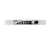 A Certified Refurbished Alloy ADVA FSP 150-XG304 OS-V8 Ethernet Demarcation Device is shown from the back, displaying ethernet ports, SFP ports, and a power socket against a plain white background.