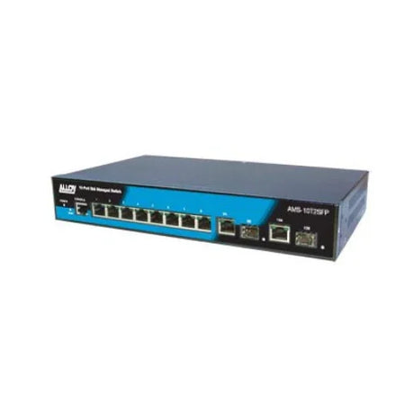 The Alloy APS-10T2SFP is a Layer 2+ managed switch with 8 Gigabit PoE+ ports and 2 SFP fiber ports, featuring a sleek black and blue design.