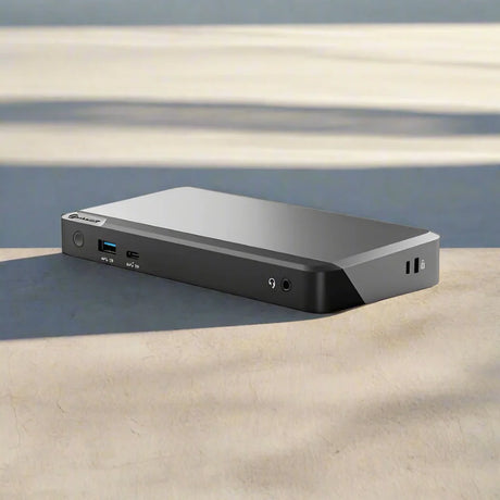 The ALOGIC DX2 USB-C 4K Display 65W PD Universal Dock with adapter features a slim, rectangular design, power button, USB ports, and audio jack—perfect for boosting productivity in any workspace.