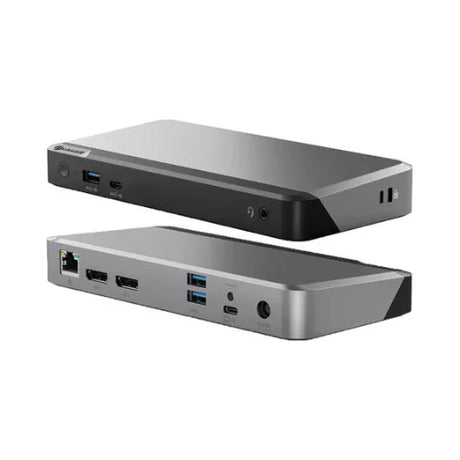 Two views of a Certified Refurbished ALOGIC MX2 DUPRMX2 USB-C Dual Display Dock (100W PD, Adapter Included) in black and silver, with multiple 4K ports—USB, HDMI, DisplayPort, Ethernet, and audio jacks—on a white background.
