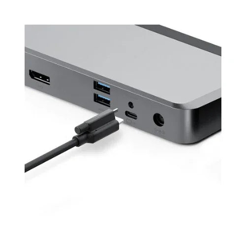 A close-up of an ALOGIC MX2 DUPRMX2 USB-C Dual Display Docks side shows HDMI, USB, USB-C, and audio ports with a USB-C cable about to connect. Ideal for linking 4K UHD displays; adapter included. Certified Refurbished.