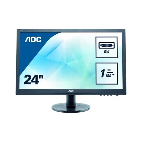A certified refurbished AOC 2460SD 24 Full HD monitor (1920x1080, 16:9, HDMI, VGA, DVI, USB, 5ms response) is shown viewed from the front. NO STAND included.