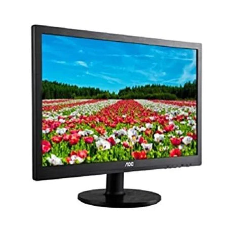 A Certified Refurbished AOC 2460SD 24 Monitor (1920x1080, HDMI/VGA/DVI/USB, NO STAND) displays a vibrant image of a colorful flower field beneath a blue sky with clouds.
