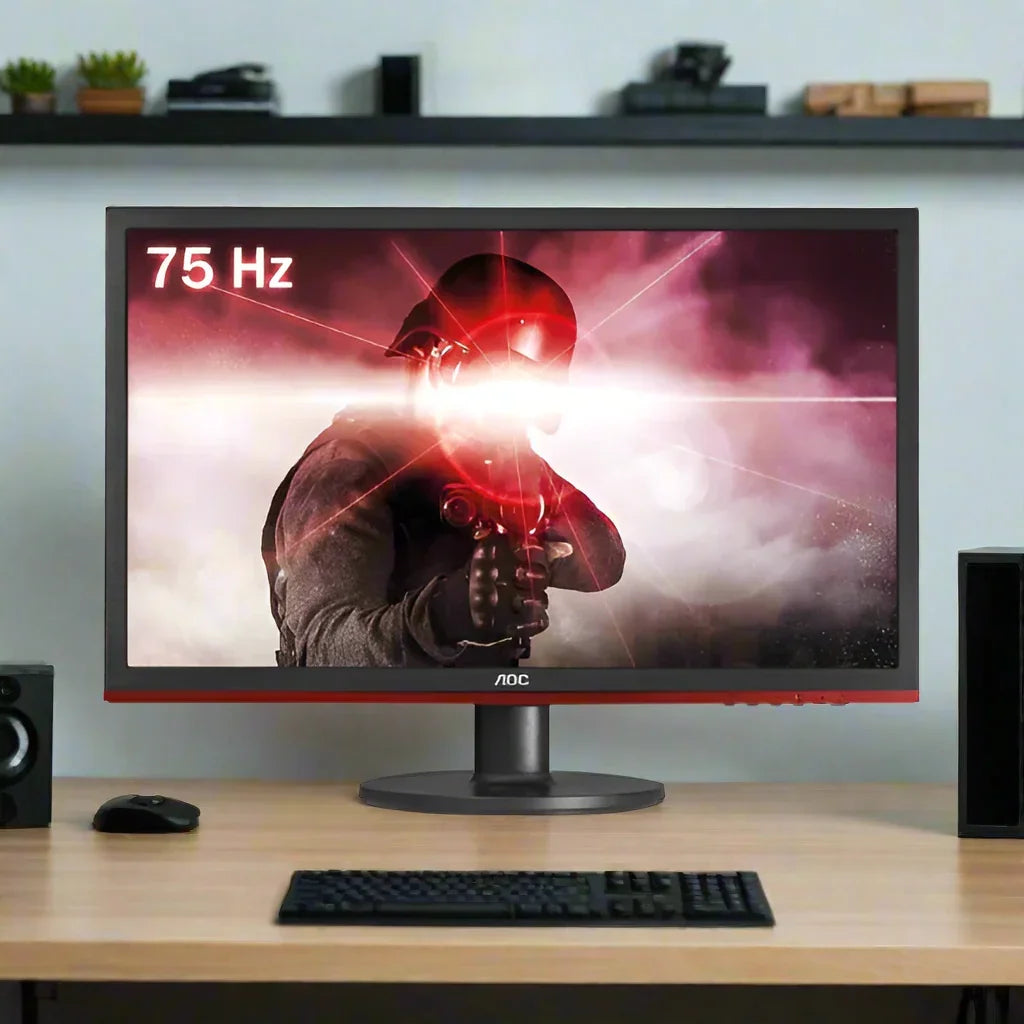 An AOC G2460VQ6 24" 16:9 Full HD monitor (1920x1080, 1ms, 75Hz) sits on a desk, displaying a video game character aiming with a flash. Also shown are a keyboard, mouse, speakers, and shelves—ideal for fast-paced gaming.
