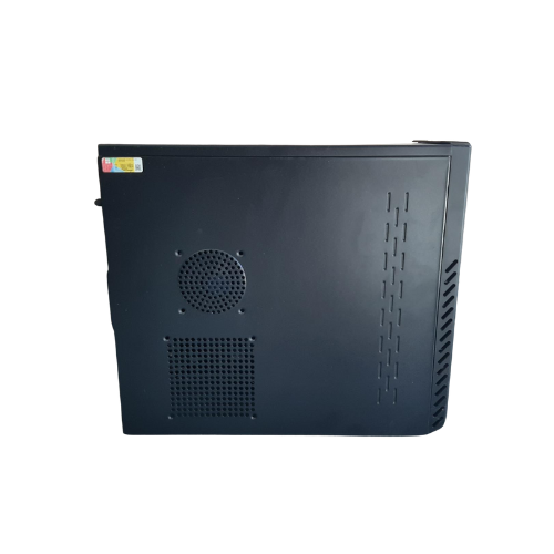 A Certified Refurbished MSI desktop in black, shown from the side with ventilation holes and a circular fan vent, features an Intel Core i3-8100 processor and runs Windows 11 Pro. The background is plain white.
