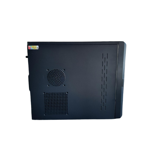 A certified refurbished ASUS B250M-C SFF desktop in black, featuring an Intel Core i3-7100 processor, 8GB RAM, 256GB SSD, Windows 10 Pro, and a ventilated side panel with fan vent. Isolated on a white background.