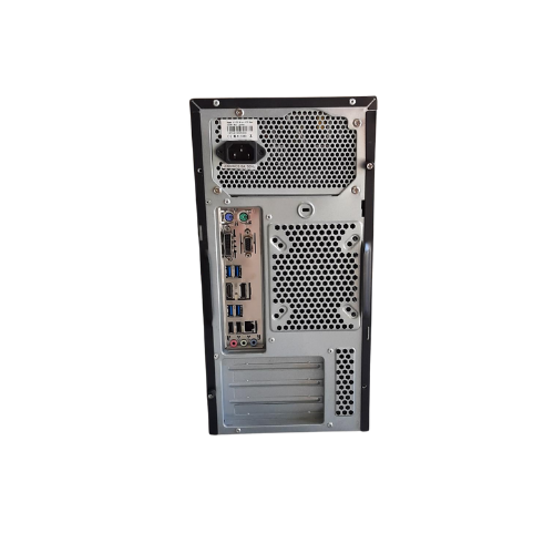 The image shows the back of a certified refurbished ASUS B250M-C SFF desktop with Intel Core i3-7100, 8GB RAM, 256GB SSD, Windows 10 Pro, and ports like USB, HDMI, audio jacks, Ethernet, plus ventilation for airflow.
