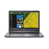 A refurbished silver Acer Aspire F5-573G laptop (Intel Core i7-7500U, 16GB RAM, 128GB + 1TB, 15.6", Windows 10 Pro) is shown with a vibrant desktop background and the Start menu open on the left.