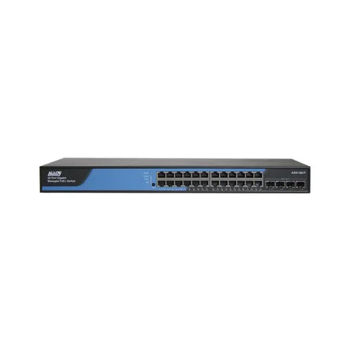 The Alloy AS5128-P is a certified refurbished Layer 3 Managed PoE+ Switch with 24 Gigabit Ethernet ports, 4 SFP ports, and features black and blue design with “Alloy Managed PoE+ Switch” labeled on the front panel.