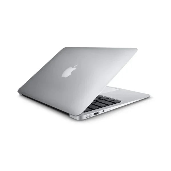 A silver Apple MacBook Air Early 2015 A1466 with i5 5250U, 8GB RAM, and 256GB SSD is partially open to reveal its keyboard and side ports, with the Apple logo visible on the lid against a white background.