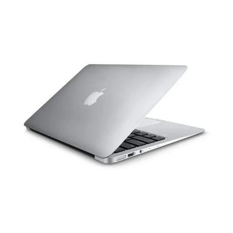 A silver Apple MacBook Air Early 2015 A1466 with i5 5250U, 8GB RAM, and 256GB SSD is partially open to reveal its keyboard and side ports, with the Apple logo visible on the lid against a white background.