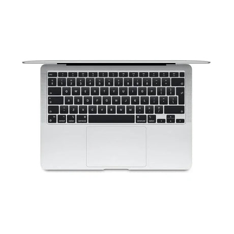 Top view of an open Apple MacBook Air 2018 A1932 (13.3, i5 8210Y, 8GB, 256GB), silver with black keyboard and large touchpad on a white background. The thin screen features a vivid Retina display and is partially visible.
