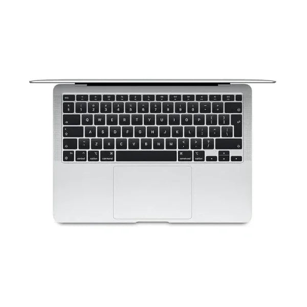 Top view of an open Apple MacBook Air 2018 A1932 (13.3, i5 8210Y, 8GB, 256GB), silver with black keyboard and large touchpad on a white background. The thin screen features a vivid Retina display and is partially visible.