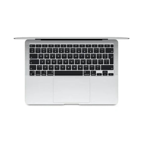 Top view of an open Apple MacBook Air 2018 A1932 (13.3, i5 8210Y, 8GB, 256GB), silver with black keyboard and large touchpad on a white background. The thin screen features a vivid Retina display and is partially visible.