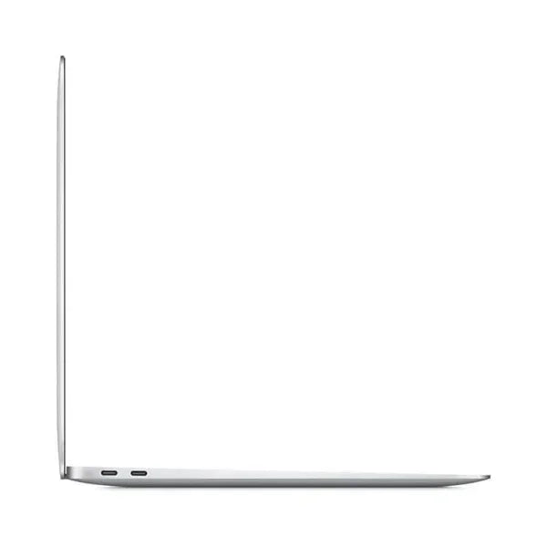 A silver Apple MacBook Air 2018 A1932 with a 13.3 Retina display, i5 8210Y processor, 8GB RAM, and 256GB storage is shown open at a right angle in side profile, highlighting its thin design and two USB-C ports against a white background.