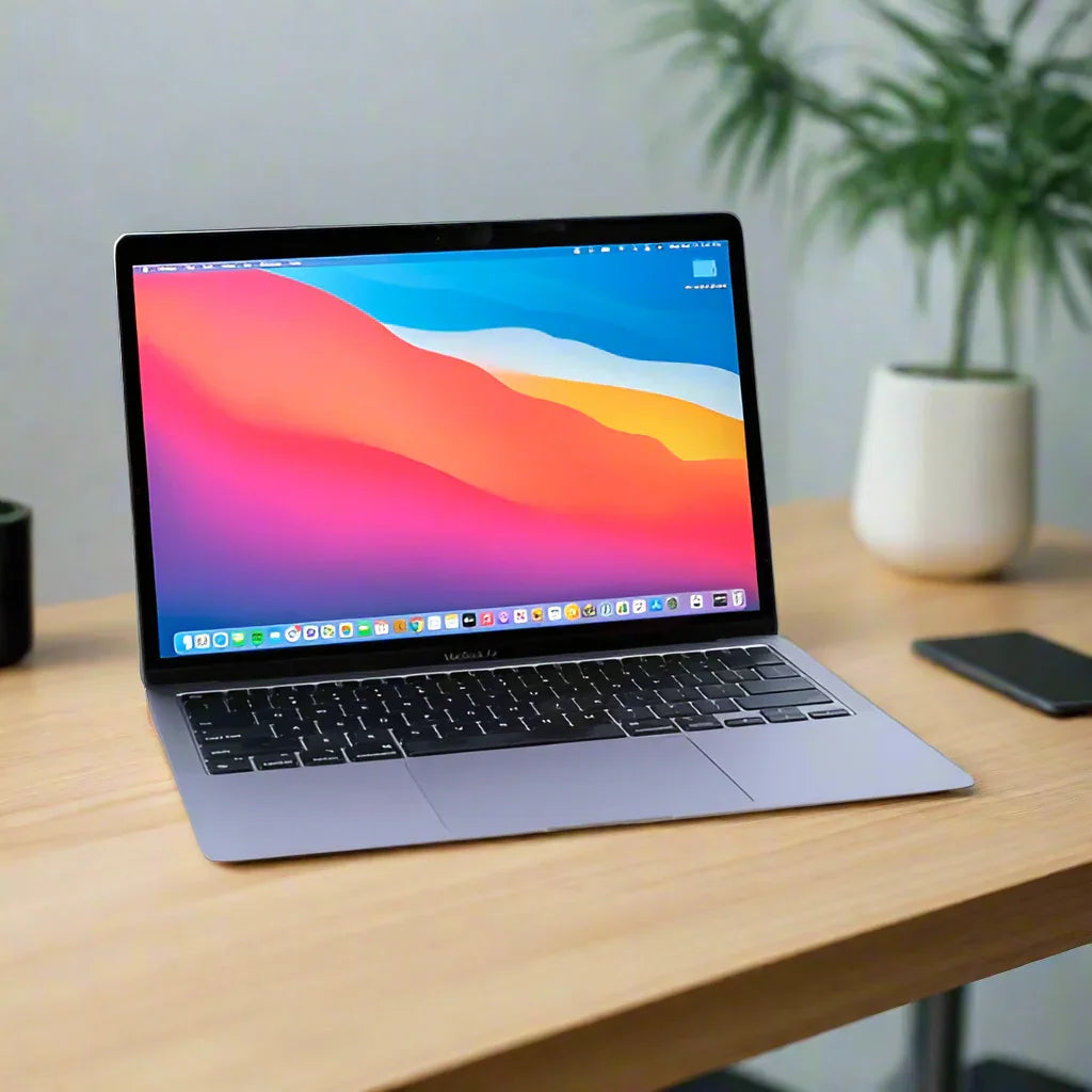 An Apple MacBook Air 2020 A2337 M1 8CPU/7GPU 3.2GHz 8GB 256GB 13.3" Laptop by Apple sits open on a wooden desk beside a smartphone and potted plants, showcasing its sleek, lightweight design and powerful M1 chip.