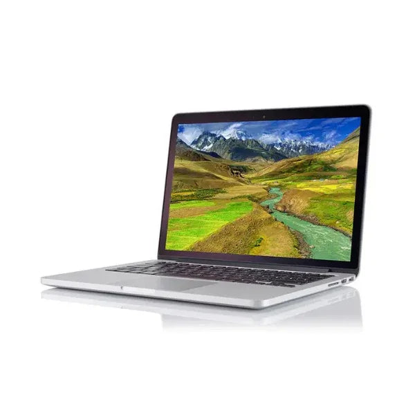 A silver Apple MacBook Pro 2015 A1502 (13.3", i5 5257U, 8GB RAM, 256GB SSD) by Apple displays a vivid landscape on its Retina screen and is shown against a white background.