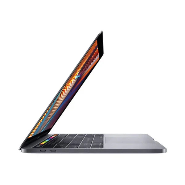 A partially open Apple MacBook Pro 2019 A2159 with a 13" Retina display, silver-gray finish, black keyboard, and USB-C ports on the left side; featuring an i5 8257U processor, 8GB RAM, and 256GB SSD storage.