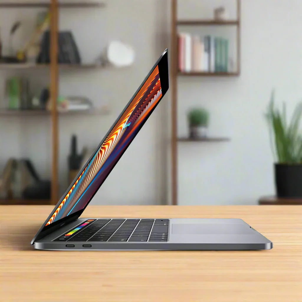 A slim, silver Apple MacBook Pro 2019 A2159 with an i5 processor, 8GB RAM, and 256GB SSD sits partially open on a wooden desk. Behind it, shelves with books and decor add to the modern workspace.