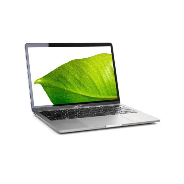 An Apple MacBook Pro Mid 2017 A1708 i5 7360U 2.3GHz 16GB 256GB SSD 13.3" (Space Gray) with keyboard and trackpad displays a vibrant green leaf with water droplets on its screen, set against a plain white background.