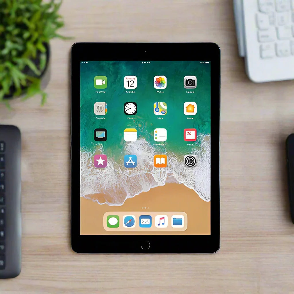 An Apple iPad 5th Gen 32GB WiFi Space Grey (certified refurbished, AU stock, warranty) displays its home screen with app icons on a light wooden desk, with a keyboard, white notepad, and potted plant nearby.
