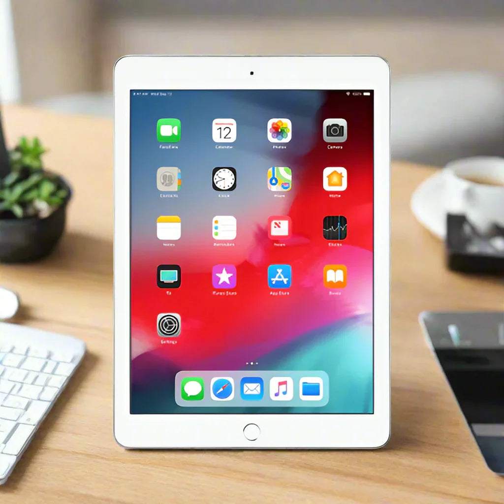 An Apple iPad 6th Gen 9.7 128GB WiFi + Cellular Silver (certified refurbished) stands upright on a desk beside a white keyboard, laptop, plant, and cup.