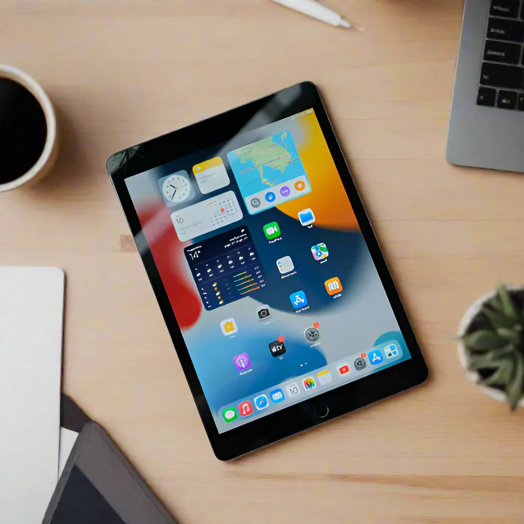 A refurbished Apple iPad 9th Gen 10.2" 256GB Space Grey WiFi + Cell (AU Stock, Parts Only) sits on a wooden desk near a coffee cup, partial laptop, plant, and papers, displaying a vibrant home screen.