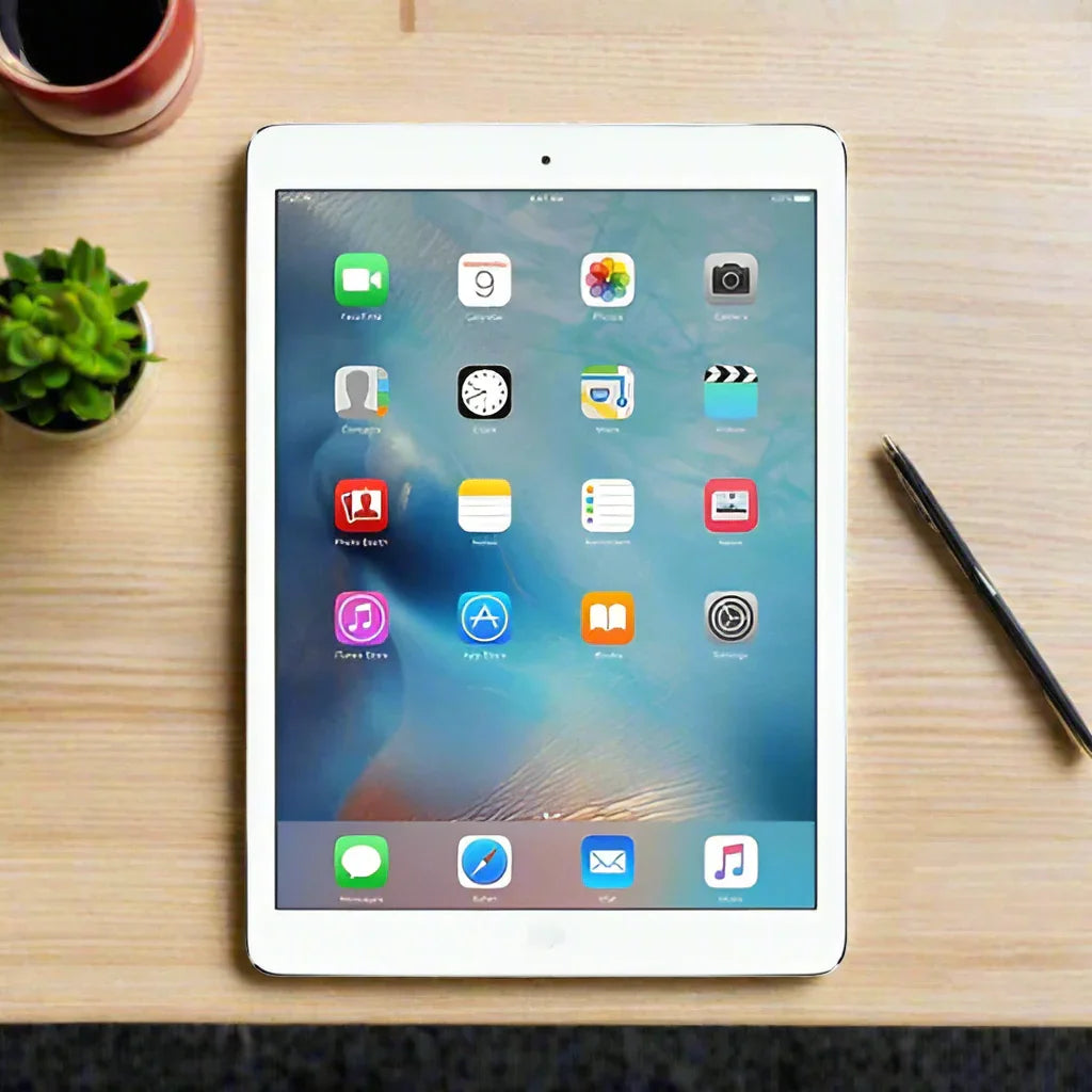 A certified refurbished Apple iPad Air 1st Gen 32GB WiFi Unlocked Silver Tablet (AU Stock, Apple) rests on a wooden desk with app icons on display, next to a potted plant, coffee cup, and black pen.