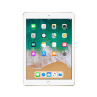 The Apple iPad 5th Gen 32GB Gold features a 9.7" Retina display, A9 chip, and 2GB RAM. The screen displays the home page with app icons and a beach wallpaper.
