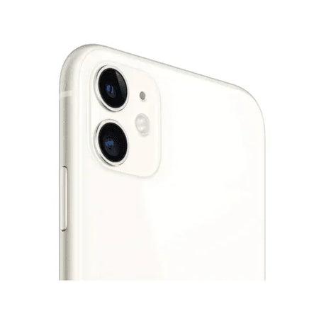 Close-up of the back of a refurbished Apple iPhone 11 64GB White Unlocked Smartphone with dual cameras and flash in the top left corner, plus visible edges and side buttons. Comes with 1-year warranty.
