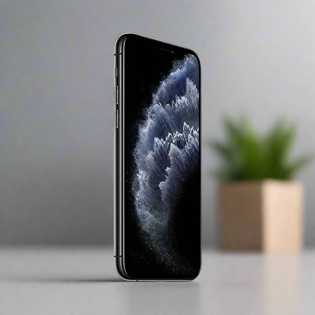 The Apple iPhone 11 Pro 64GB Space Gray (Unlocked, No Face ID) stands upright on a light surface with a dark abstract wallpaper. In the blurred background, a small green plant is placed in a square beige pot.