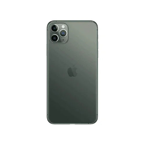 A certified refurbished Apple iPhone 11 Pro Max 256GB in Midnight Green, unlocked with a 1-year warranty, is shown from the back with triple rear cameras and a centered Apple logo against a white background.