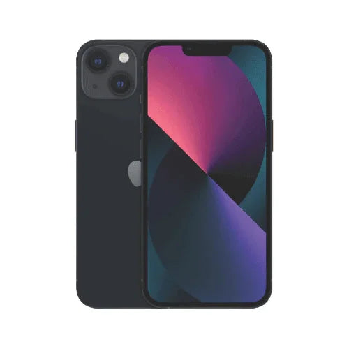 The Apple iPhone 13 128GB Midnight Unlocked Smartphone (PARTS ONLY) by Apple is shown from both sides, featuring a vibrant display and dual rear cameras—an affordable refurbished option combining style and performance.